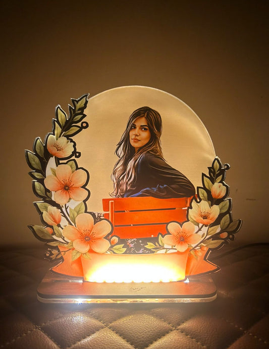 Single color Flower border acrylic photo frame with led base