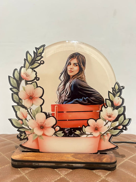 Single color Flower border acrylic photo frame with led base